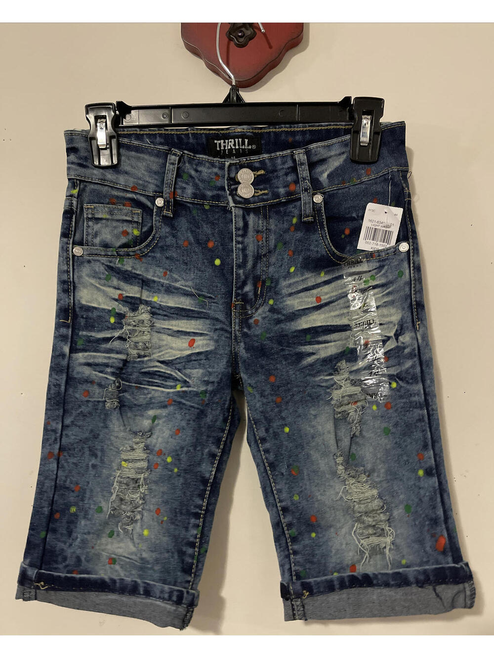 Thrill Jeans Girls 14 Light Wash Speckled Ripped Bermuda Jean Shorts NWT! A4335